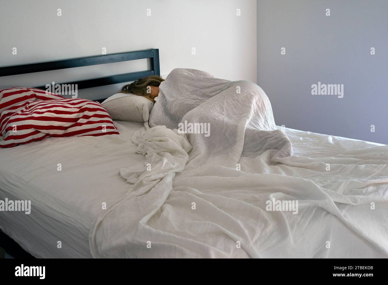 Woman sleeping under white linen sheets in daylight with red and white stripped pillows on left Stock Photo