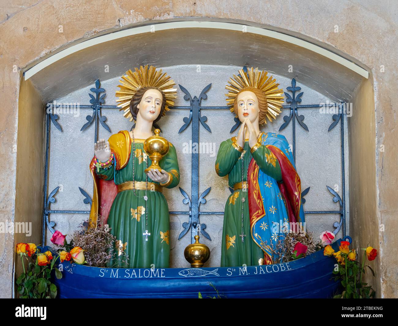 Saintes Maries de la Mer, France - October 3, 2023: Statues of the Mary Salome and Mary Jacobe in the church of Three Marys or Notre Dame de la Mer Stock Photo