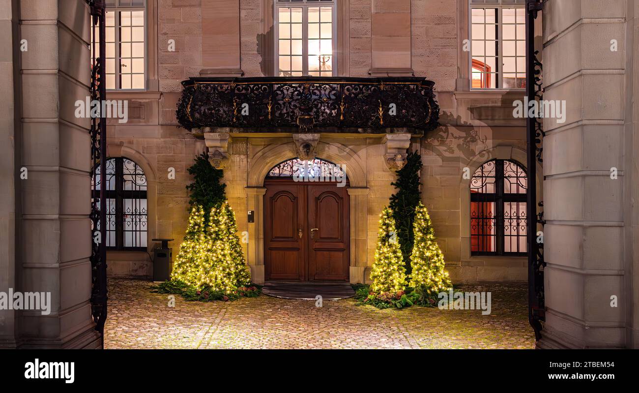Zurich, Switzerland - November 23, 2023: Restaurant Zunfthaus zur Meisen at Munsterhof square in Zurich in Christmas time Stock Photo