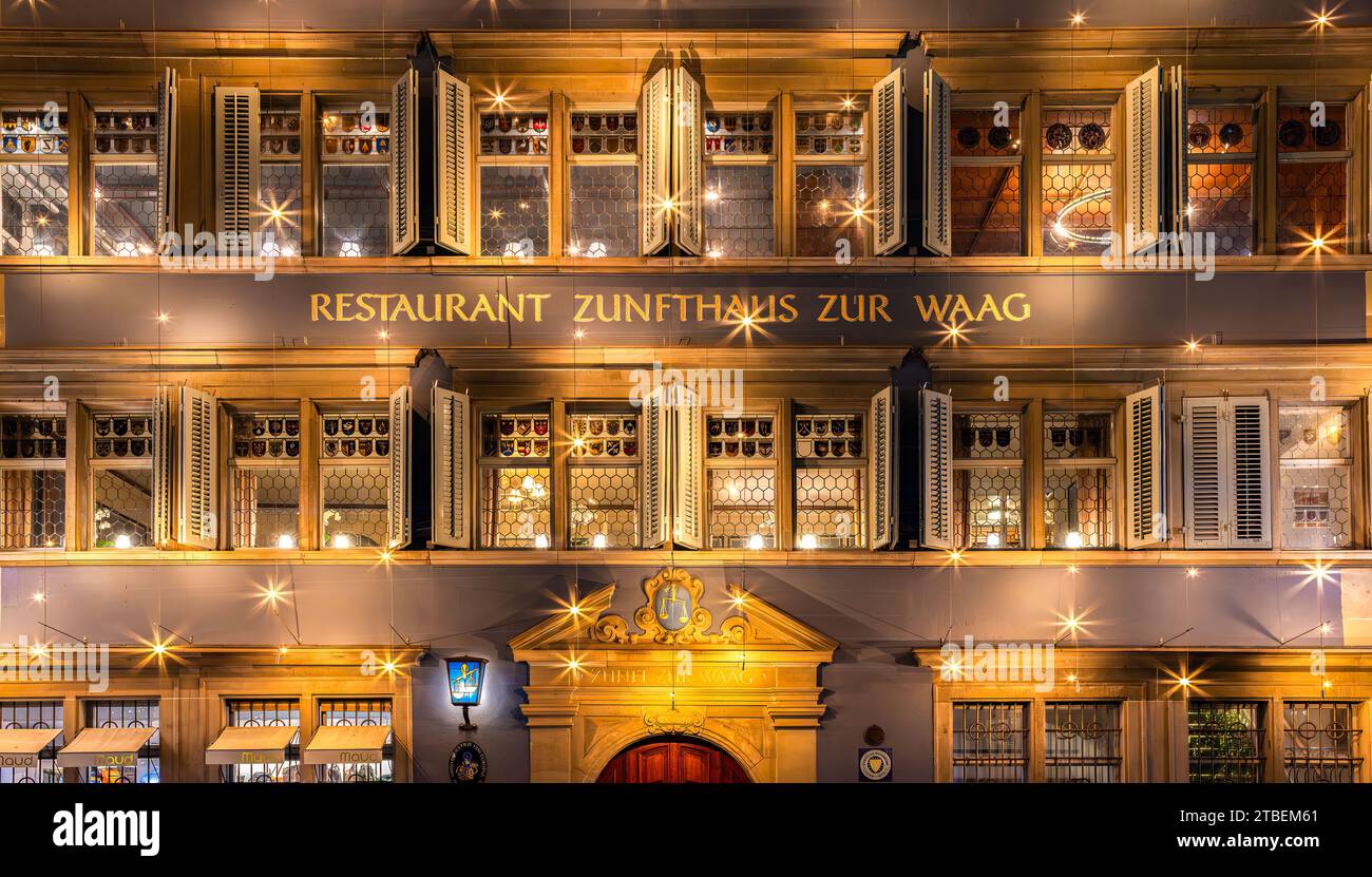 Zurich, Switzerland - November 23, 2023: Restaurant Zunfthaus zur Waag at Munsterhof square in Zurich in Christmas time Stock Photo