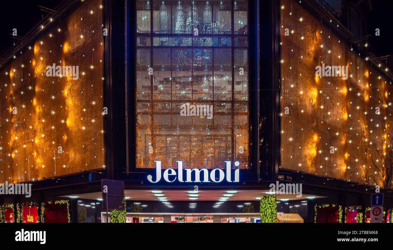 Zurich, Switzerland - November 23, 2023: Jelmoli is an luxury department store in the immediate vicinity of Bahnhofstrasse in Zurich, Stock Photo