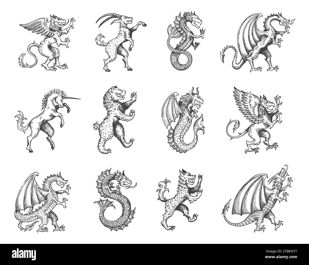 Medieval heraldic animals and monsters, vintage heraldry or tattoo sketch vector creatures. Fantastic mythic animals heraldic icons of eagle griffin, unicorn and dragon, rampant lion, bear and goat Stock Vector
