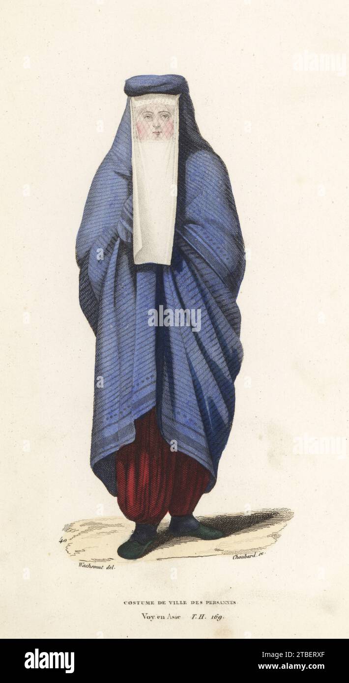 Town costume of a Persian woman (Gorgan, Iran). In burka and veil. Astrabad, Costume de ville des Persannes. After an illustration by James Baillie Fraser. Handcoloured stipple engraving on steel by Choubard after an illustration by Ferdinand Wachsmuth from Collection de portraits et costumes des differens peuples qui habitent les cinq parties du monde, Armand-Aubree, Paris, 1837. Stock Photo