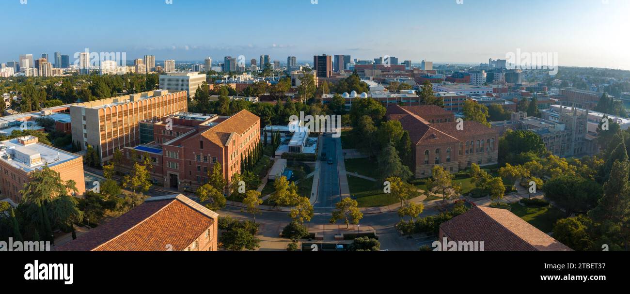 Panoramic Early Morning View of UCLA Campus with Historic and Modern Architecture in Urban Landscape Stock Photo