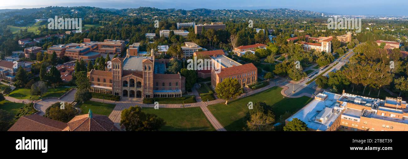 Aerial View of UCLA Campus with Iconic Royce Hall Amidst Lush Greenery in Sunny Los Angeles Stock Photo