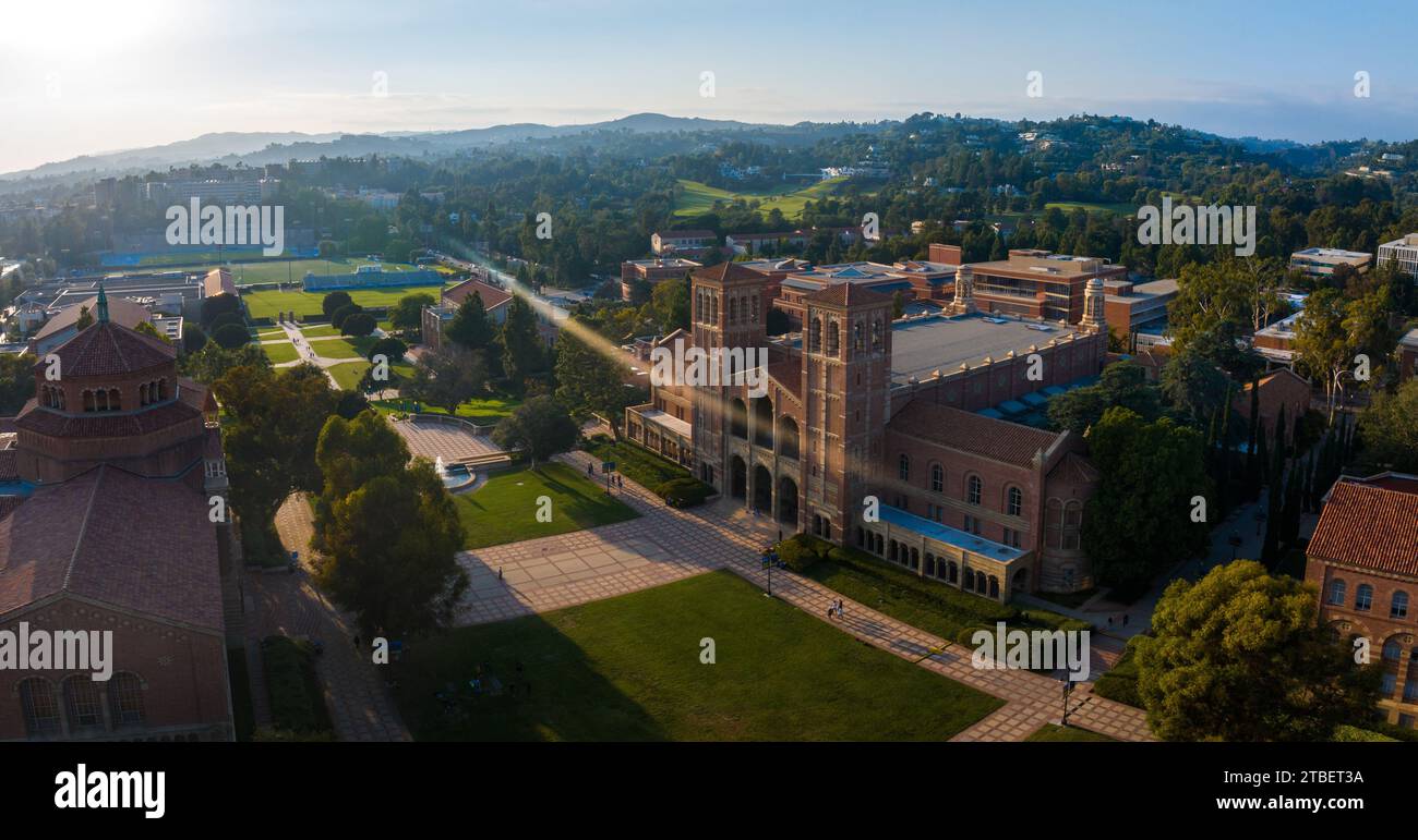 Early Morning Aerial View of UCLA Campus with Historic Royce Hall and Lush Greenery in Los Angeles Stock Photo