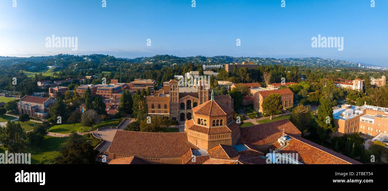 Aerial View of Serene UCLA Campus with Gothic and Modern Architecture on Sunny Day in Westwood, LA Stock Photo