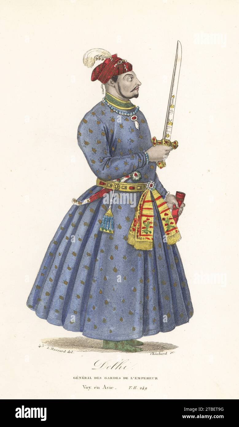 General of the Imperial Guard to the Grand Mughal, Akbar Shah II, Delhi, India. In plumed turban, embroidered blue robe with full skirts, jeweled sash belt, armed with sword and dagger. General des Gardes de l'Empereur, Delhi. After an illustration by Reginald Heber in Journey Through the Upper Provinces of India. Handcoloured stipple engraving on steel by Choubard after an illustration by Leopold Massard from Collection de portraits et costumes des differens peuples qui habitent les cinq parties du monde, Armand-Aubree, Paris, 1837. Stock Photo