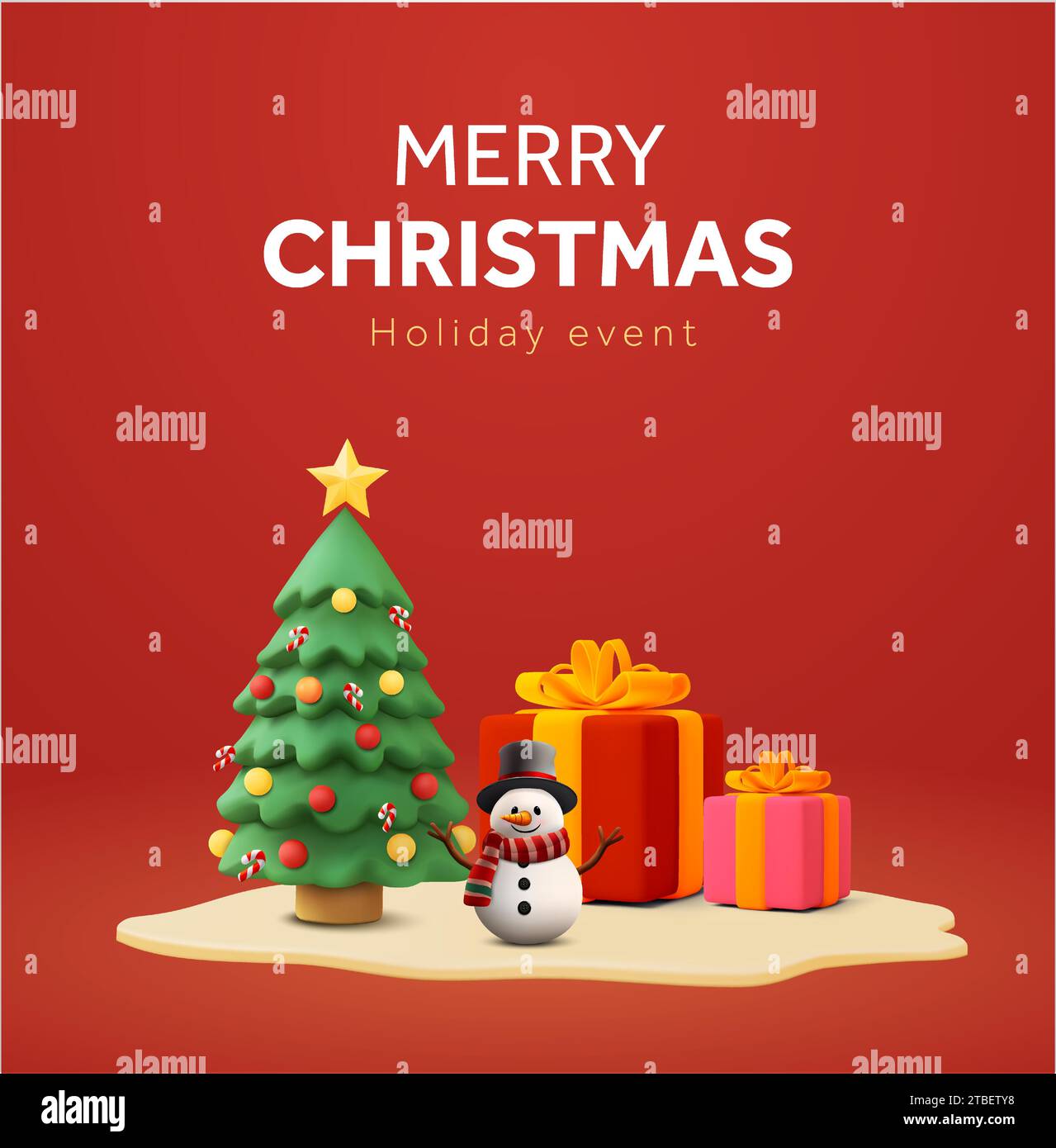 3d cute merry christmas banner concept with decorated pine tree, gift ...
