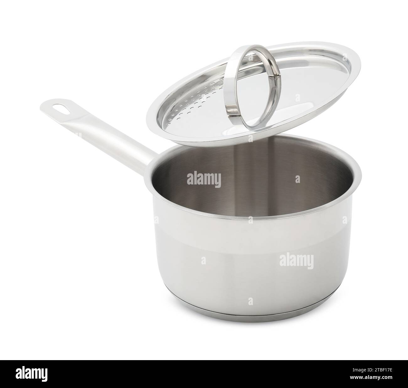 One steel saucepan with strainer lid isolated on white Stock Photo Alamy