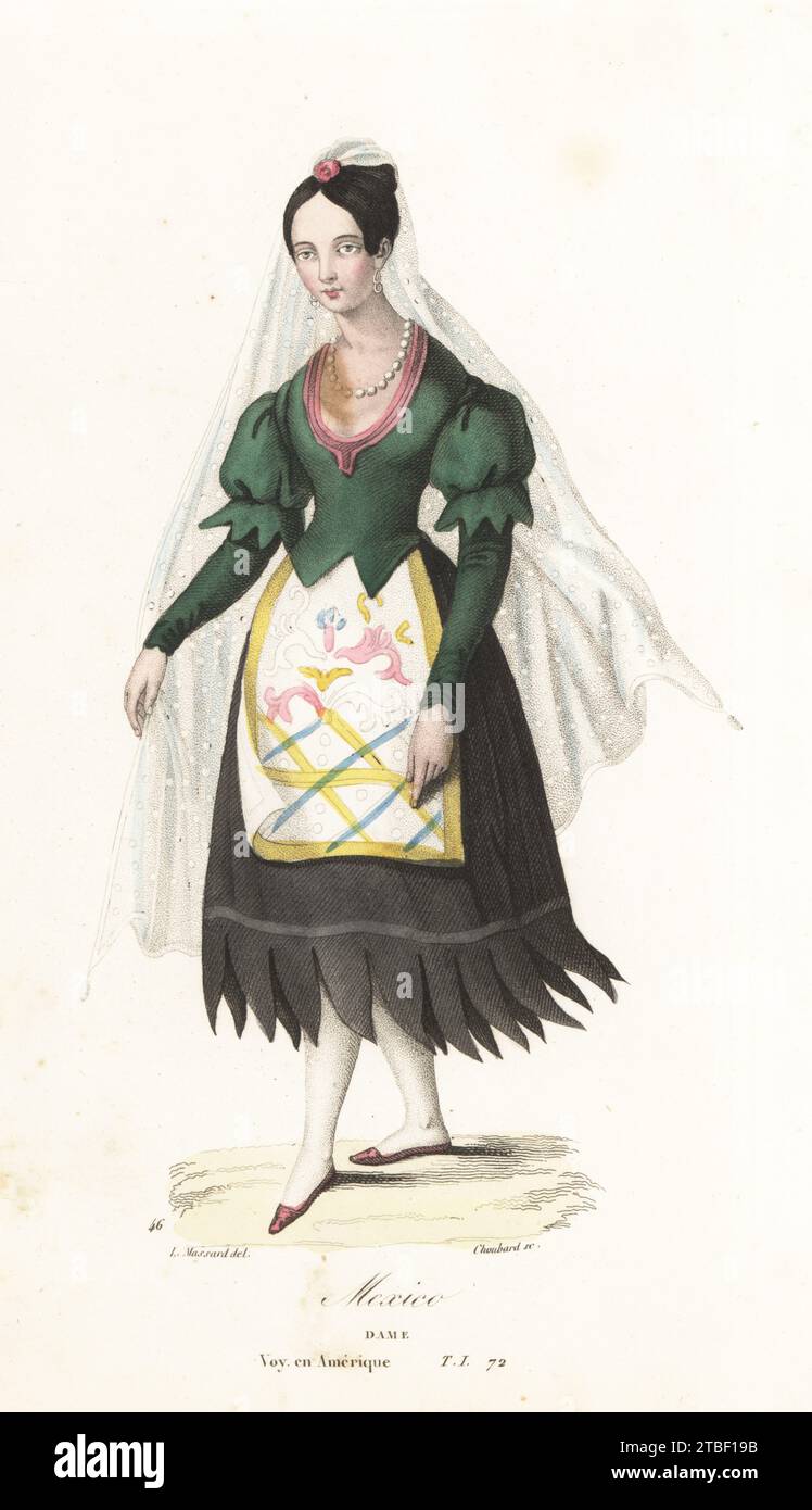 Mexican lady. She wears a long lace veil, pearl necklace, green bodice with puffed shoulders, fringed skirt and embroidered apron. Dame, Mexico. After an illustration by William Bullock in Six Months Residence and Travels in Mexio. Handcoloured stipple engraving on steel by Choubard after an illustration by Leopold Massard and Ferdinand Wachsmuth from Collection de portraits et costumes des differens peuples qui habitent les cinq parties du monde, Armand-Aubree, Paris, 1837. Stock Photo