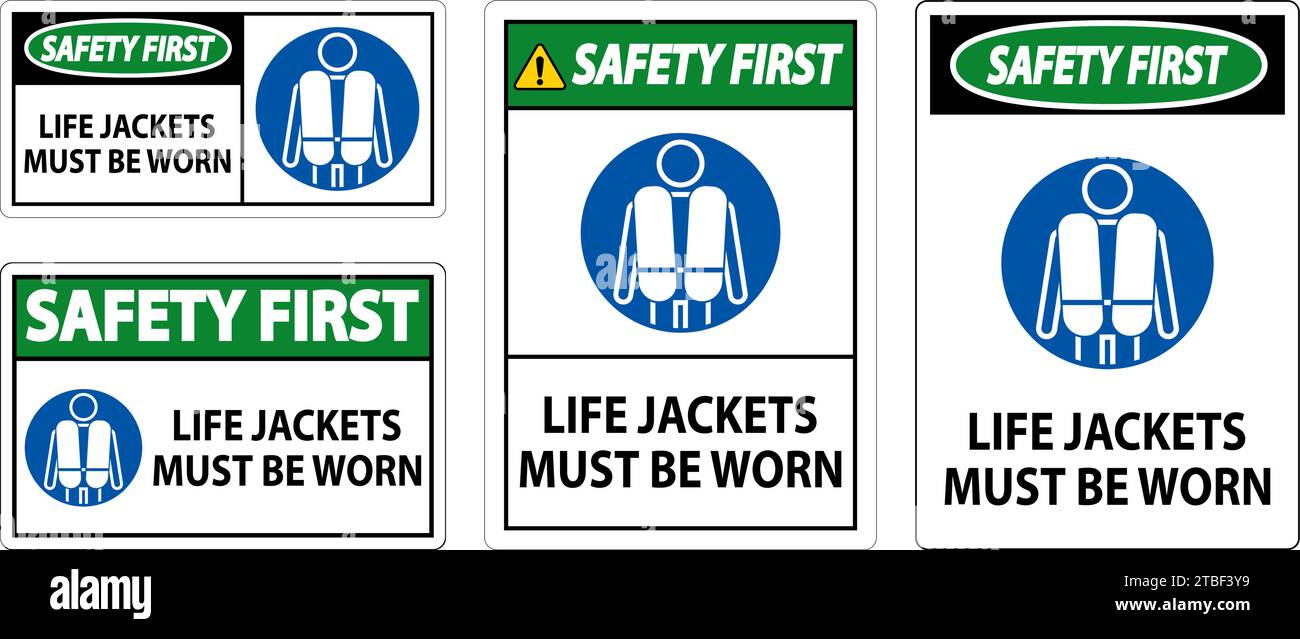 Water Safety Sign Danger, Life Jackets Must Be Worn Stock Vector