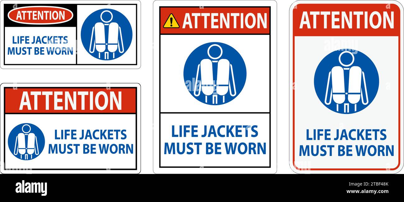 Water Safety Sign Attention, Life Jackets Must Be Worn Stock Vector
