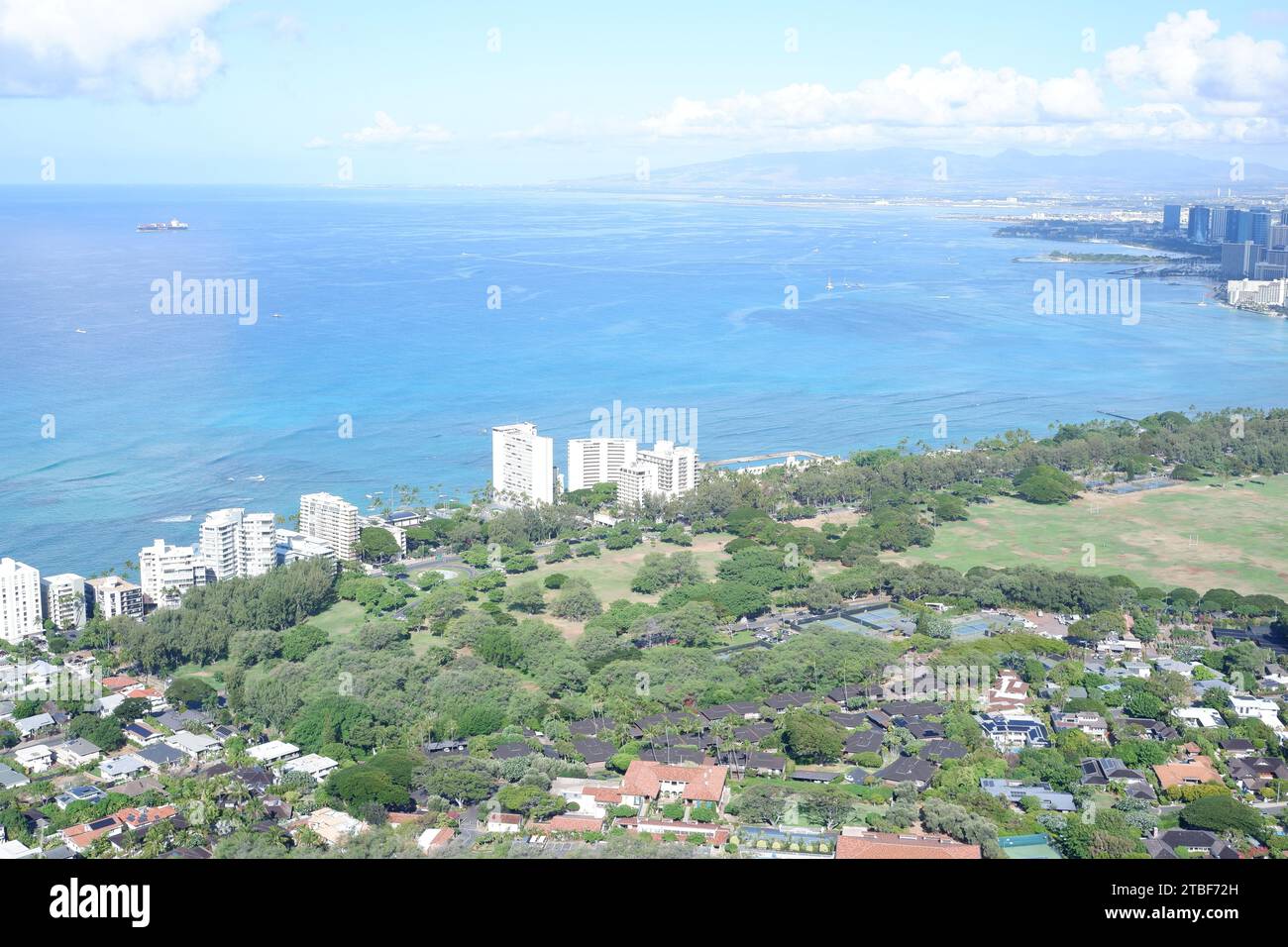 Photo of view of Waikiki District from Diamond Head crater in Honolulu County in the island of Oahu, Hawaii USA. Stock Photo