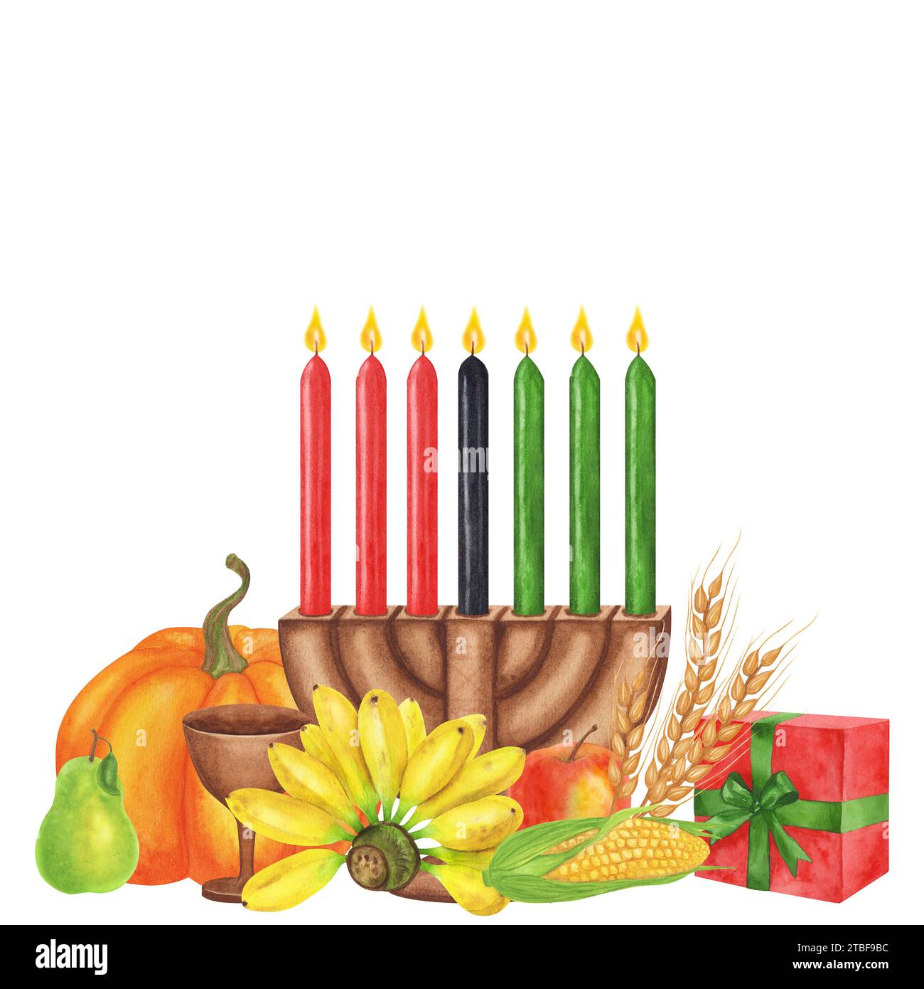 Kwanzaa postcard. African-American holiday. Kinara, seven burning candles, red black green, harvest: pumpkin, bananas, corn, wheat, apple, pear. Hand Stock Photo