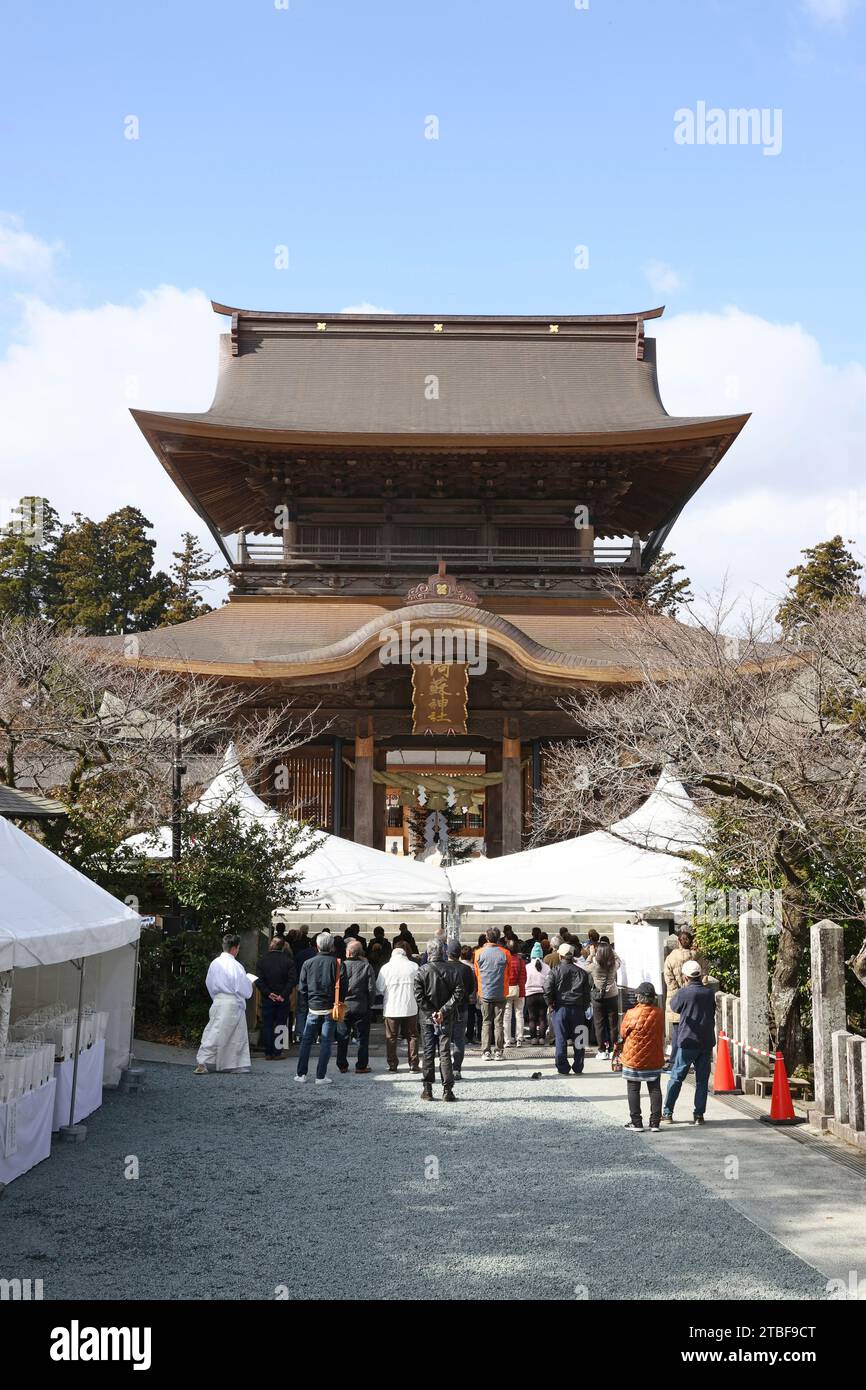 The twostoried gate of Aso Shrine is restored in Aso City, Kumamoto Prefecture on December 7
