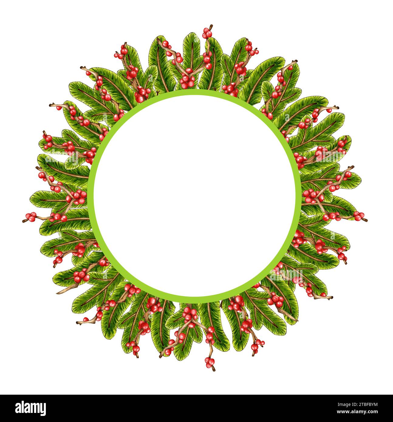 Watercolor illustration of a Christmas wreath made of fir branches and ...