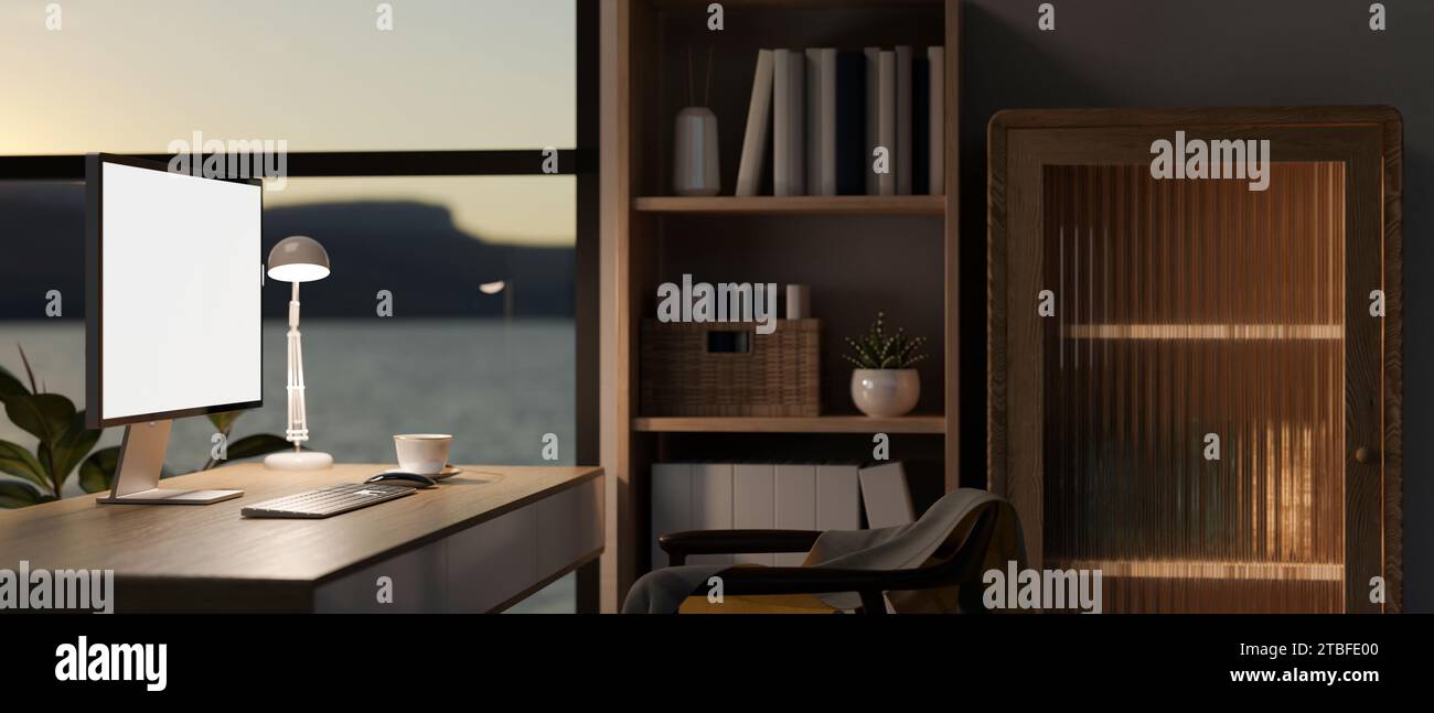 Side view, Interior design of a modern, luxury dark home office or ...