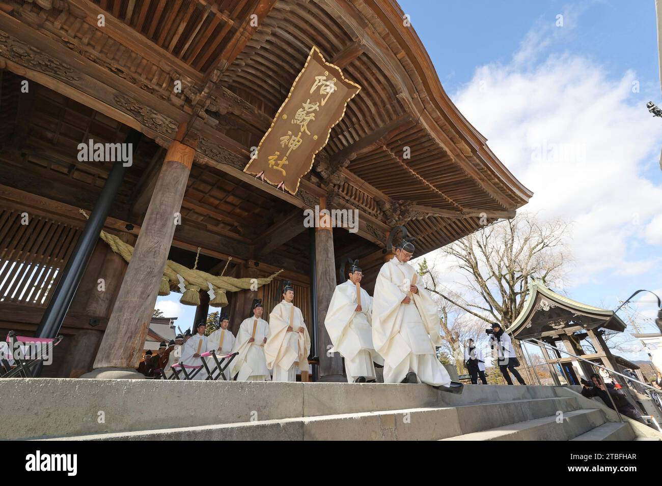 The twostoried gate of Aso Shrine is restored in Aso City, Kumamoto Prefecture on December 7