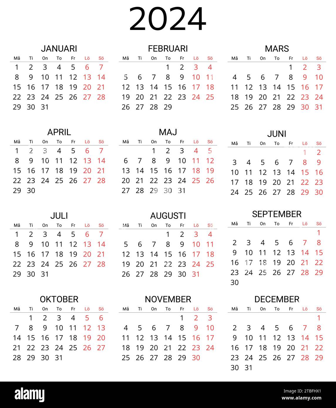 2024 swedish calendar. Printable, editable vector illustration for