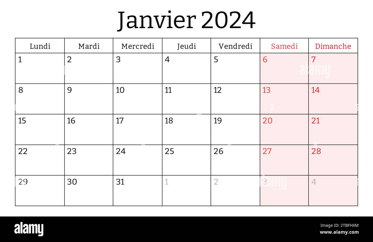 January 2024 french month calendar. Vector printable illustration. Monthly planning for your business in France Stock Vector
