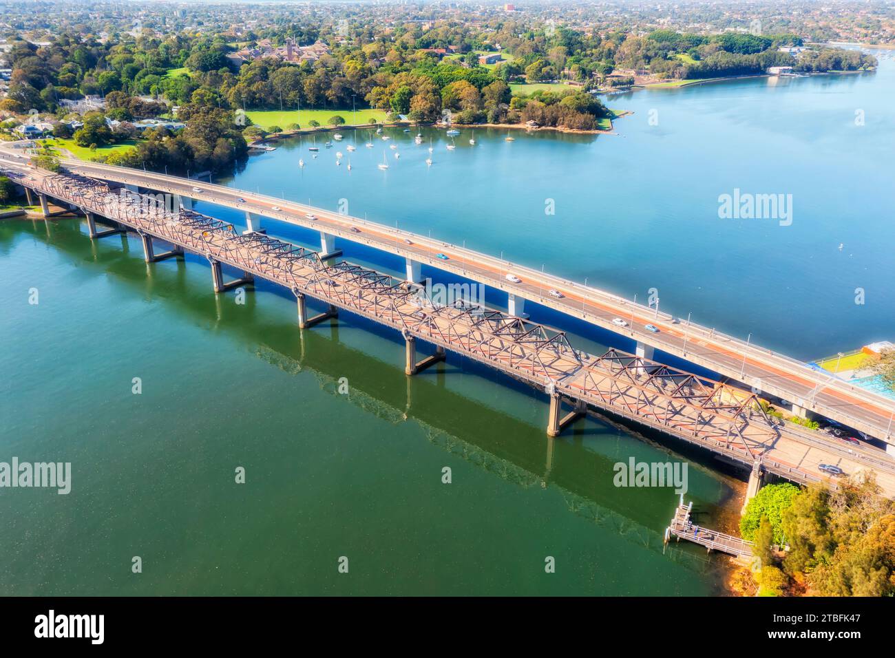 Double Iron Cove bridge across Parramatta river in Sydney aerial view to Rozelle interchange