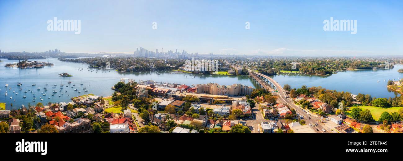 Birkenhead point to Rozelle Interchange motorway at Iron Cove bridge in Sydney - aerial cityscape panorama. Stock Photo