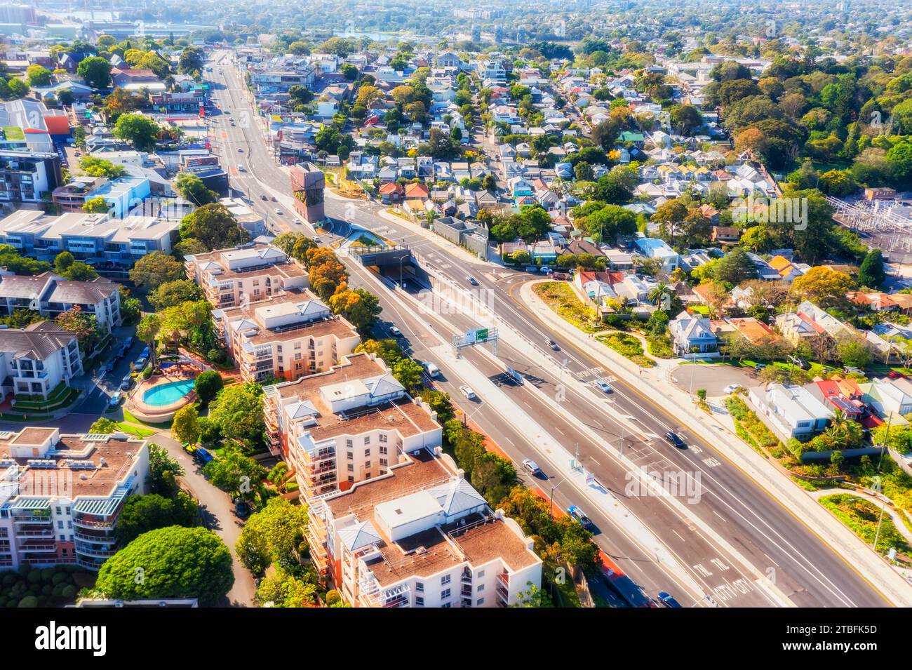 Victoria Road in  Inner West Sydney suburb Rozelle in aerial cityscape view. Stock Photo