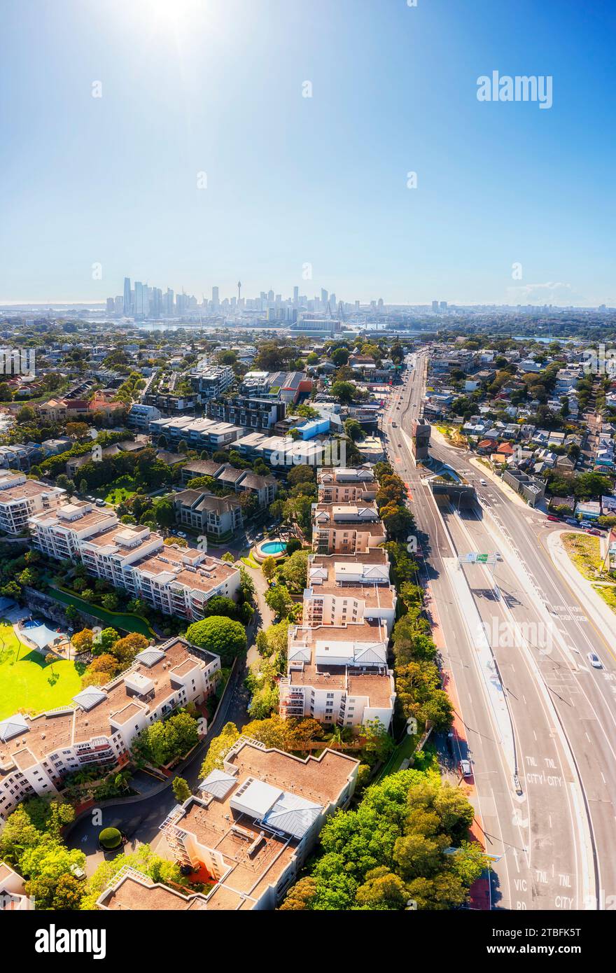 Victoria road motorway in Inner West of Sydney city at Rozelle - aerial vertical panorama. Stock Photo