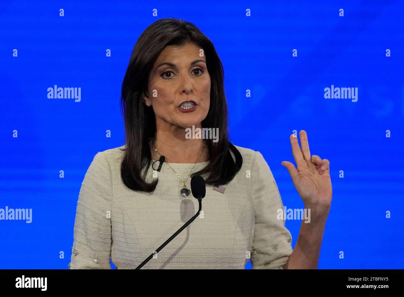 Republican presidential candidate former U.N. Ambassador Nikki Haley speaks during a Republican presidential primary debate hosted by NewsNation on Wednesday, Dec. 6, 2023, at the Moody Music Hall at the University of Alabama in Tuscaloosa, Ala. (AP Photo/Gerald Herbert) Stock Photo