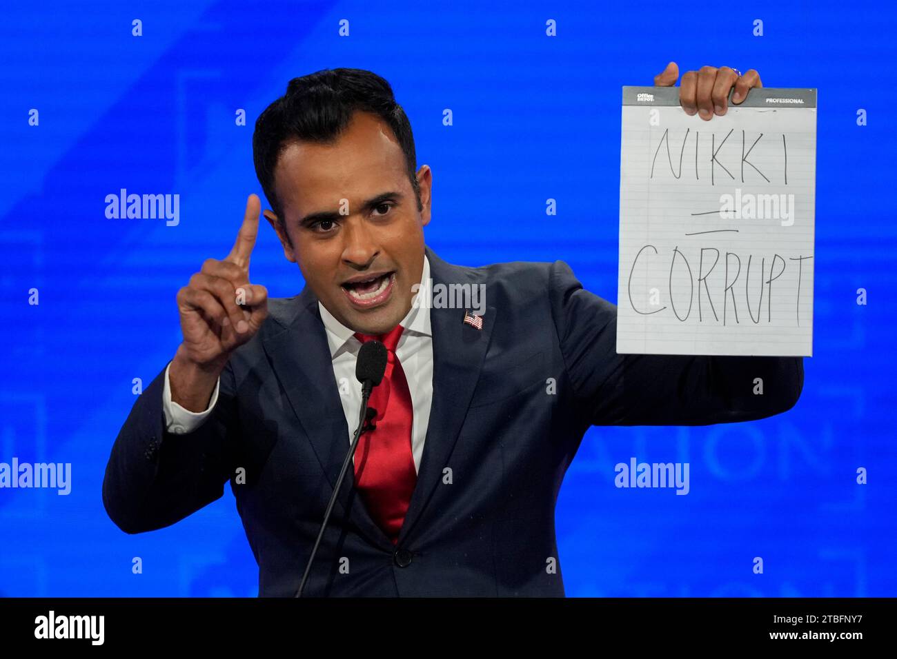 Republican presidential candidate businessman Vivek Ramaswamy speaks during a Republican presidential primary debate hosted by NewsNation on Wednesday, Dec. 6, 2023, at the Moody Music Hall at the University of Alabama in Tuscaloosa, Ala. (AP Photo/Gerald Herbert) Stock Photo