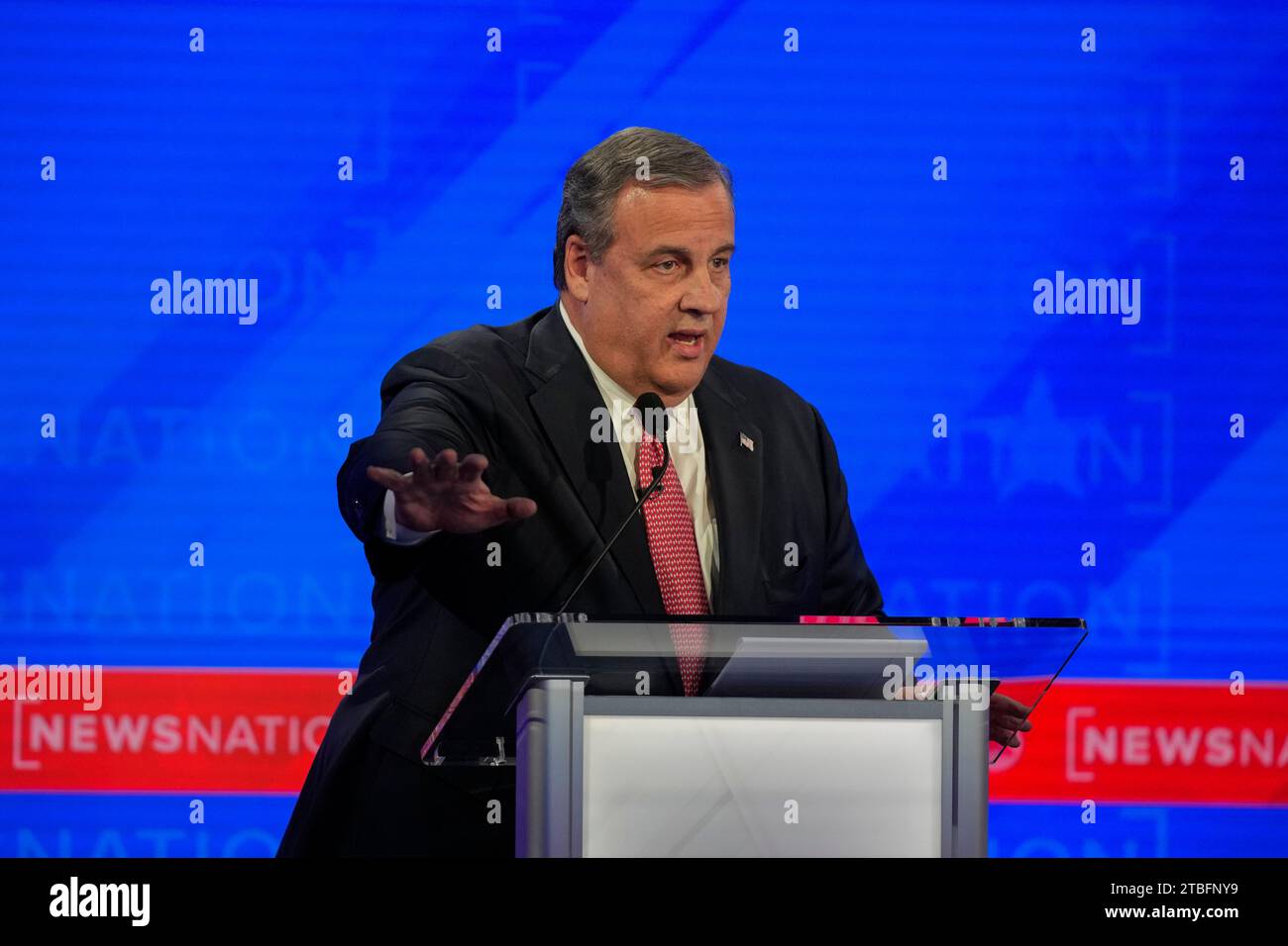 Republican presidential candidate former New Jersey Gov. Chris Christie speaks during a Republican presidential primary debate hosted by NewsNation on Wednesday, Dec. 6, 2023, at the Moody Music Hall at the University of Alabama in Tuscaloosa, Ala. (AP Photo/Gerald Herbert) Stock Photo