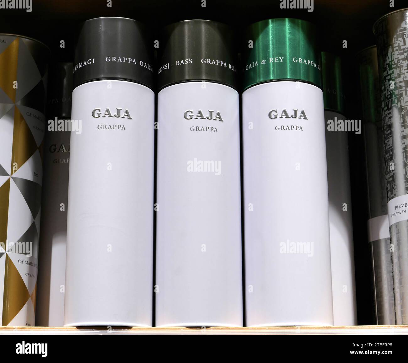 GAJA BOTTLES OF ITALIAN GRAPPA ON DISPLAY INSIDE THE FOOD STORE Stock Photo