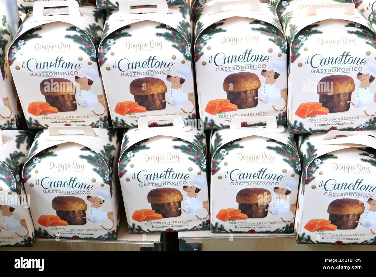 DOGGYEBAG BOXES OF ITALIAN CHRISTMAS PANETTONE FOR DOGS ON DISPLAY INSIDE THE FOOD STORE Stock Photo