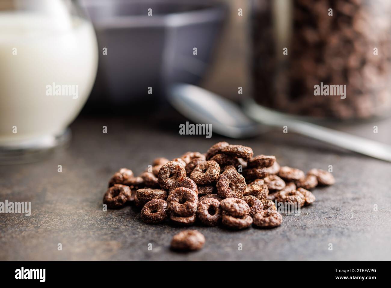 Sweet breakfast cereals on the kitchen table. Stock Photo