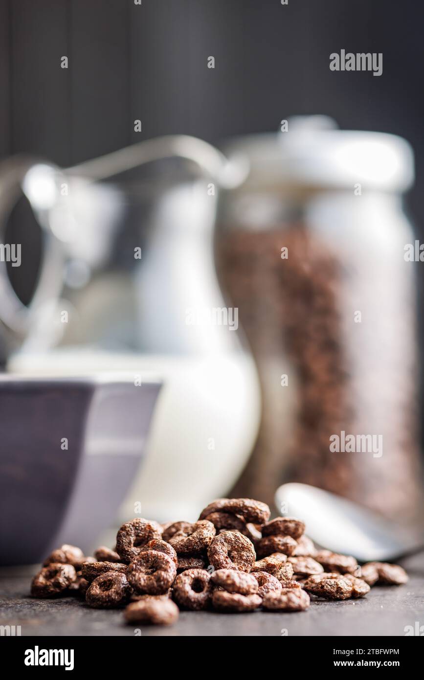 Sweet breakfast cereals on the kitchen table. Stock Photo
