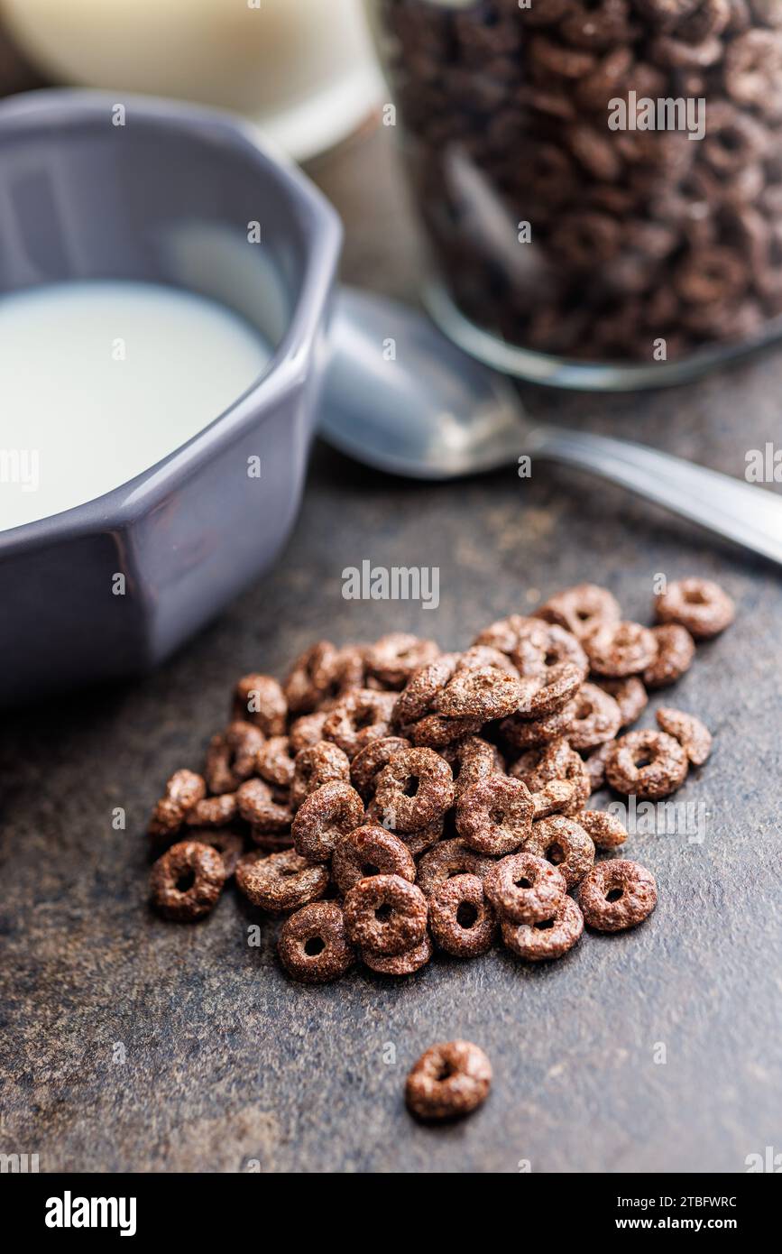 Sweet breakfast cereals on the kitchen table. Stock Photo