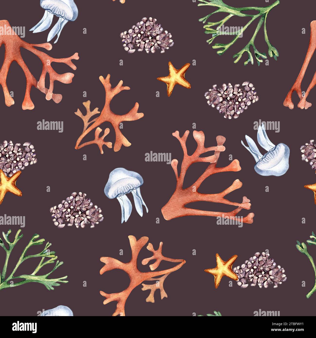 Watercolor seamless pattern of sea plants and starfish isolated on dark ...