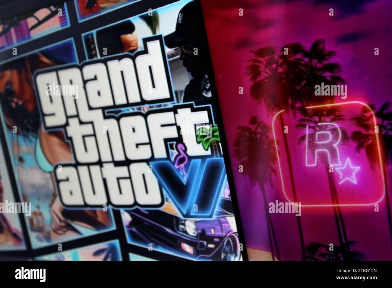 Sleman, Yogyakarta, Indonesia. 7th Dec, 2023. In this photo illustration, the logo of the American video game publisher based in New York City, Rockstar Games and logo of the Grand Theft Auto VI (GTA VI) can be seen on a smartphone screen. Rockstar Games officially released a trailer for the game Grand Theft Auto VI (GTA VI), the latest in the iconic game series since the 2000s, which is planned to be released in 2025. (Credit Image: © Angga Budhiyanto/ZUMA Press Wire) EDITORIAL USAGE ONLY! Not for Commercial USAGE! Stock Photo