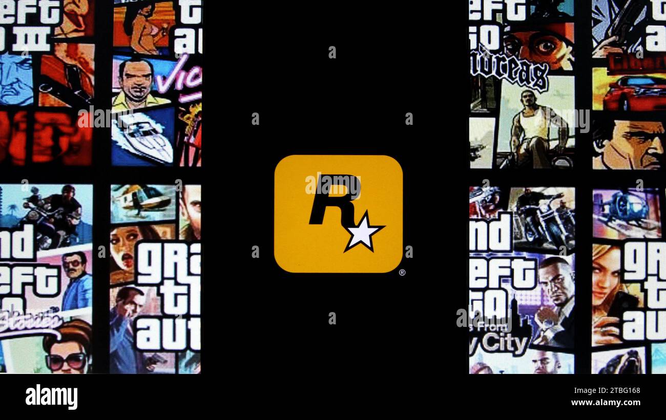 Sleman, Yogyakarta, Indonesia. 7th Dec, 2023. In this photo illustration, the logo of the American video game publisher based in New York City, Rockstar Games and logos from all Grand Theft Auto (GTA) series can be seen on a smartphone screen. Rockstar Games officially released a trailer for the game Grand Theft Auto VI (GTA VI), the latest in the iconic game series since the 2000s, which is planned to be released in 2025. (Credit Image: © Angga Budhiyanto/ZUMA Press Wire) EDITORIAL USAGE ONLY! Not for Commercial USAGE! Stock Photo
