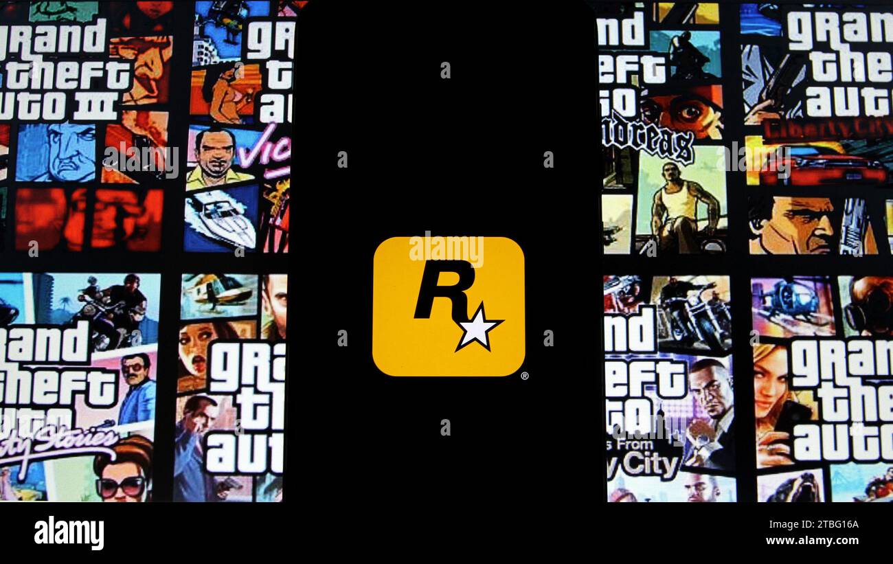 Sleman, Yogyakarta, Indonesia. 7th Dec, 2023. In this photo illustration, the logo of the American video game publisher based in New York City, Rockstar Games and logos from all Grand Theft Auto (GTA) series can be seen on a smartphone screen. Rockstar Games officially released a trailer for the game Grand Theft Auto VI (GTA VI), the latest in the iconic game series since the 2000s, which is planned to be released in 2025. (Credit Image: © Angga Budhiyanto/ZUMA Press Wire) EDITORIAL USAGE ONLY! Not for Commercial USAGE! Stock Photo