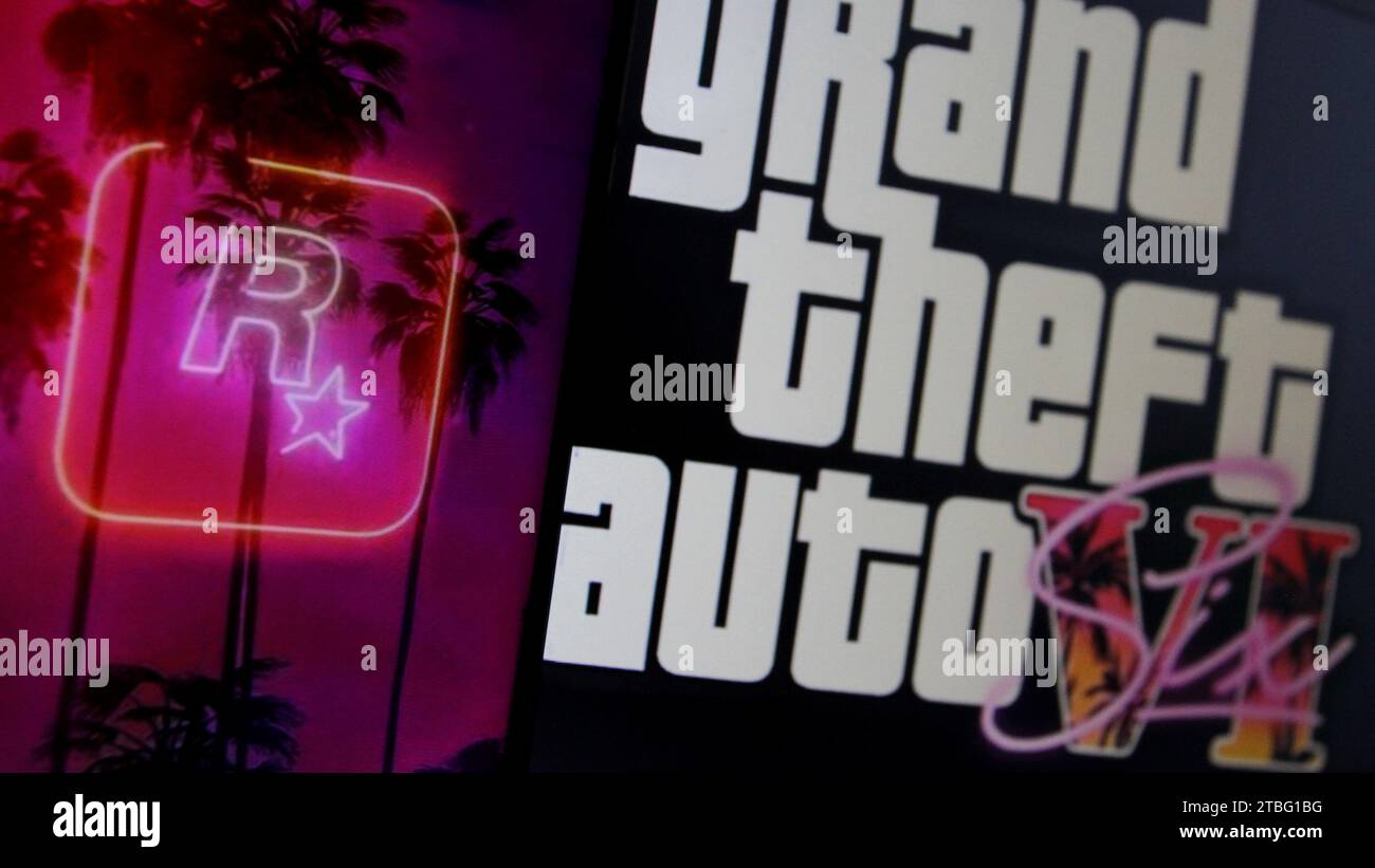Sleman, Yogyakarta, Indonesia. 7th Dec, 2023. In this photo illustration, the logo of the American video game publisher based in New York City, Rockstar Games and logo of the Grand Theft Auto VI (GTA VI) can be seen on a smartphone screen. Rockstar Games officially released a trailer for the game Grand Theft Auto VI (GTA VI), the latest in the iconic game series since the 2000s, which is planned to be released in 2025. (Credit Image: © Angga Budhiyanto/ZUMA Press Wire) EDITORIAL USAGE ONLY! Not for Commercial USAGE! Stock Photo