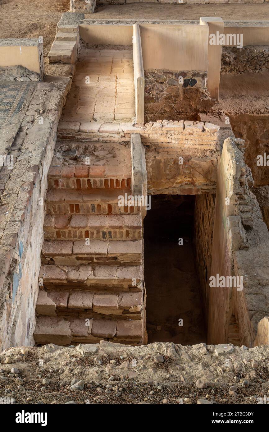 Roman archaeological remains of well-preserved rooms, cellars and a staircase of the Mitreo house in Mérida, Spain. Stock Photo