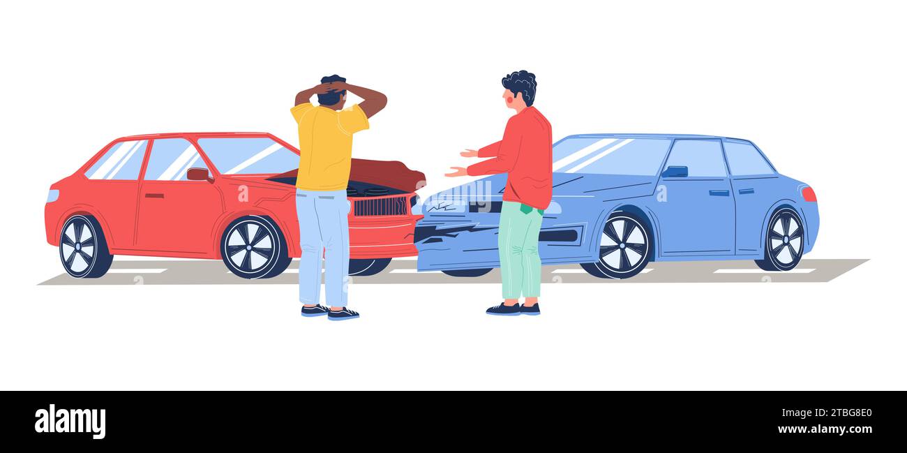 Two cars crash road accident vector illustration. Male frustrated