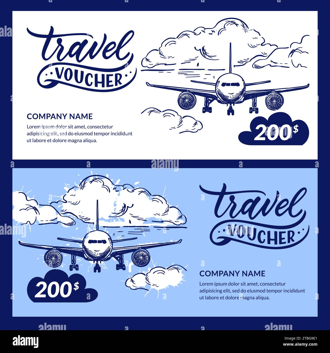 Travel voucher, certificate, gift card design template. Vector hand drawn sketch watercolor illustration of flying airplane and blue sky clouds. Vacat Stock Vector