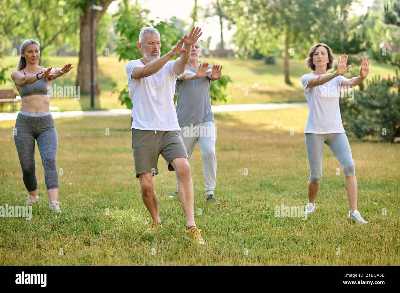 A group of people practicing qigong in a park, sport workout in nature