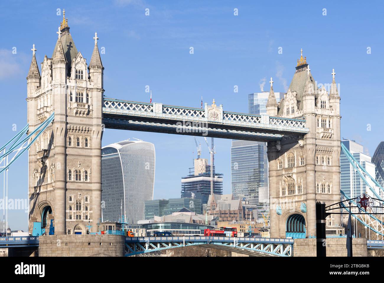 Construction of the skyscraper, 1 Leadenhall Street, is seen through the span of Tower Bridge, London, UK Stock Photo
