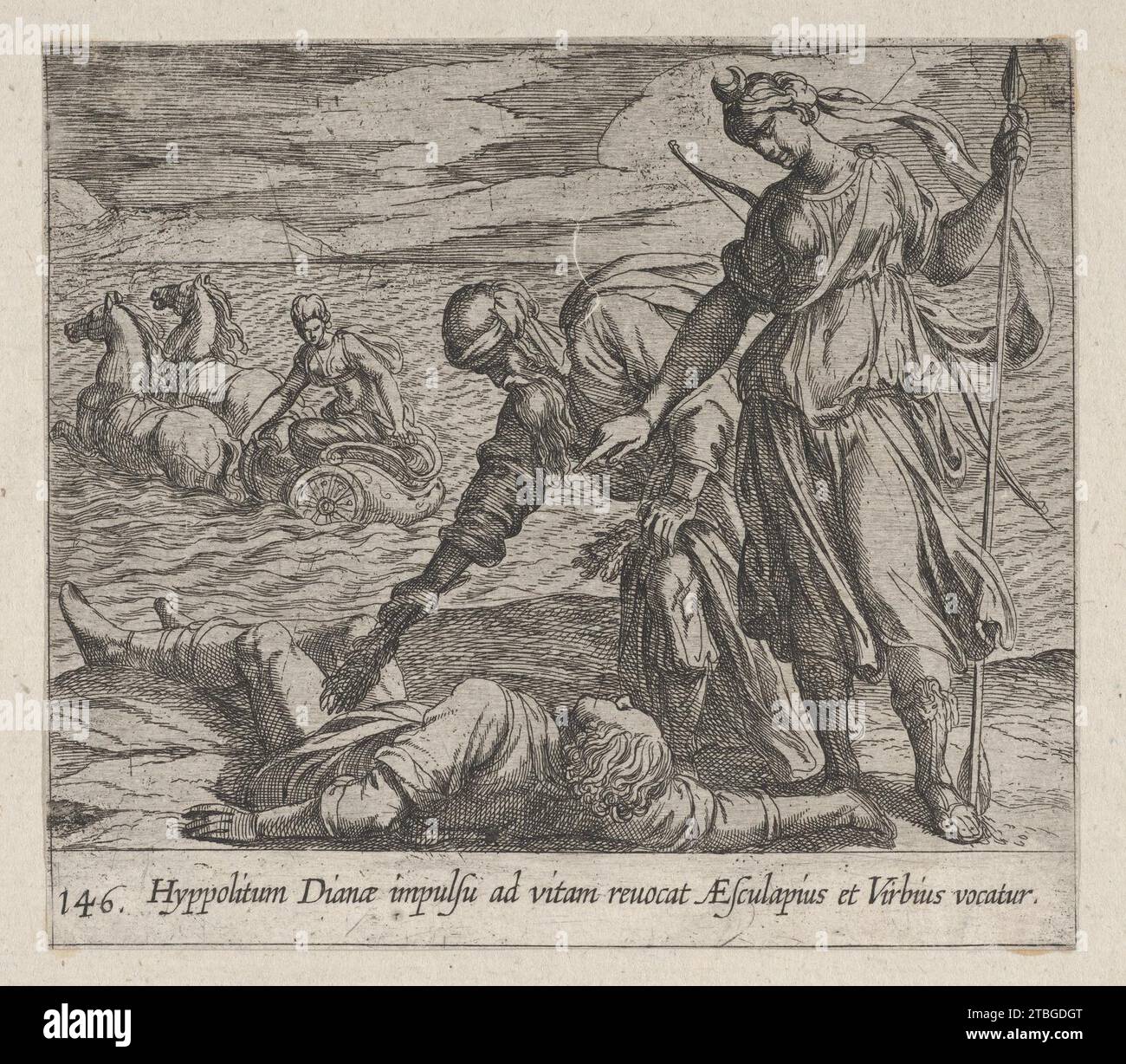 Plate 146: Hippolytus Saved from Death (Hippolitum Dianae impulsu ad vitam revocat  AEsculapius et Virbius vocatur), from Ovid's 'Metamorphoses' 1951 by Antonio Tempesta Stock Photo