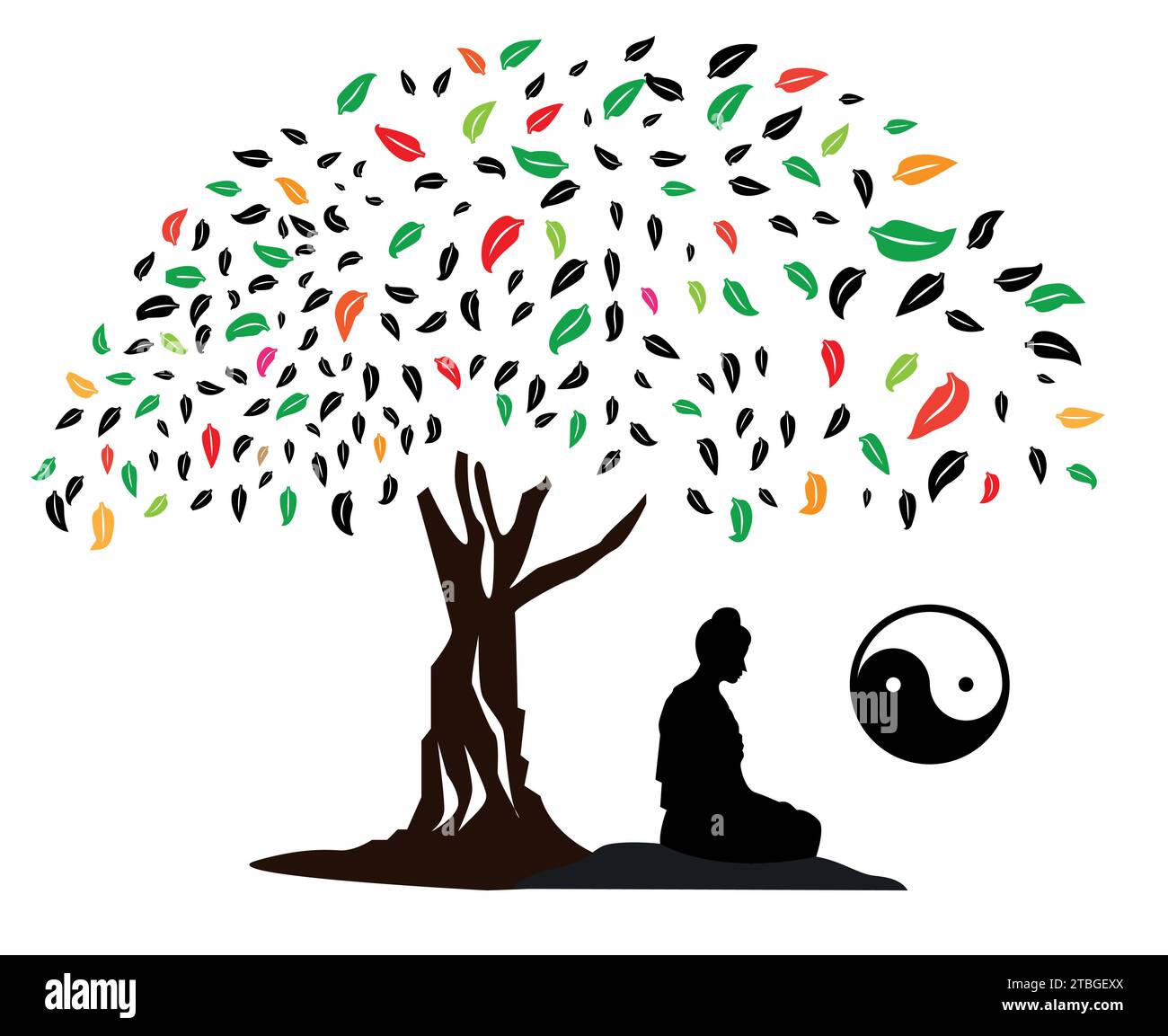 Tree whit Buddha and yin yang symbol Stock Vector