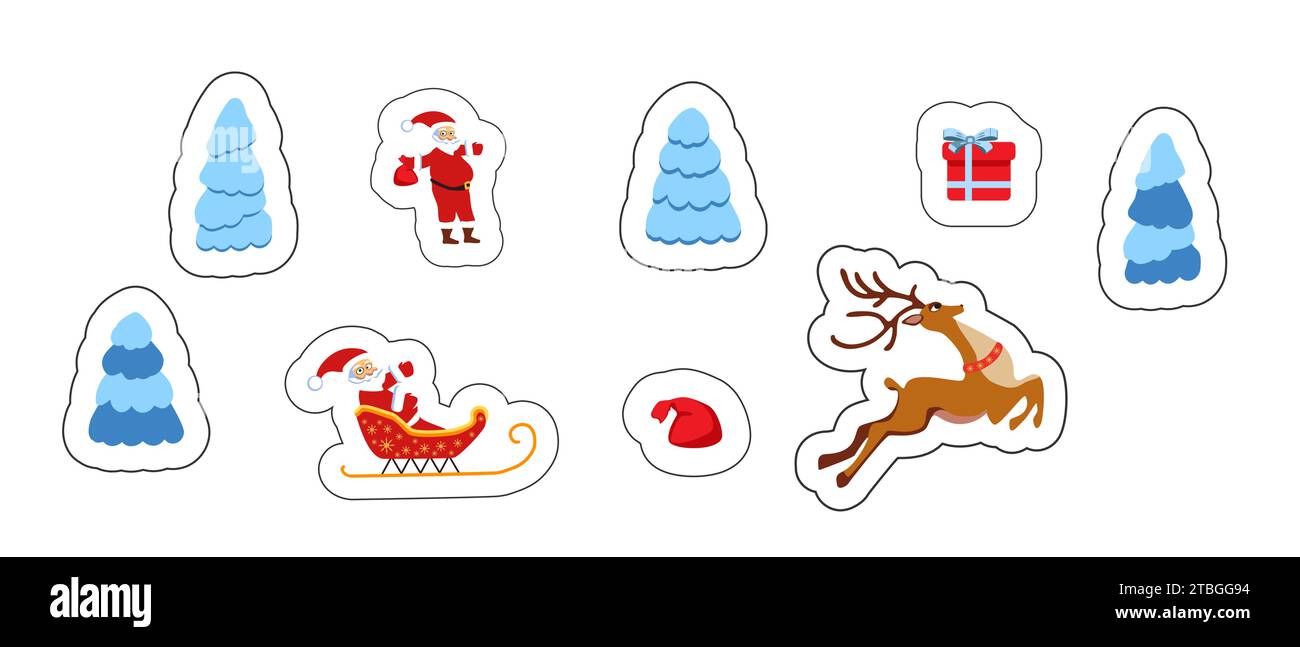 Cute New Year and Christmas themed stickers. Santa Claus on a sleigh with a deer and gifts. Christmas tree Stock Vector